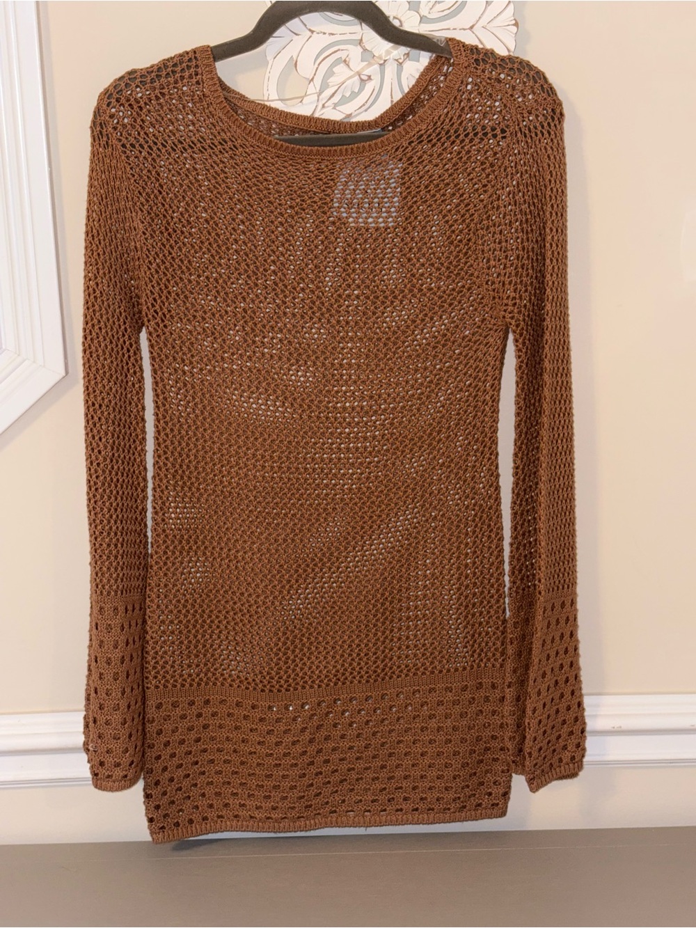 Shade & Shore Brown Crochet Long Sleeve Beach Cover-Up Dress